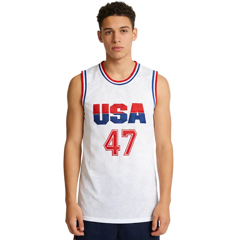 Men's White USA Basketball Apparel Jersey - #47 Trump Mesh Sports Top with Sewn Embroidery, S-XXL, Versatile for Training & Fans, Sports Tops, Athletic Top