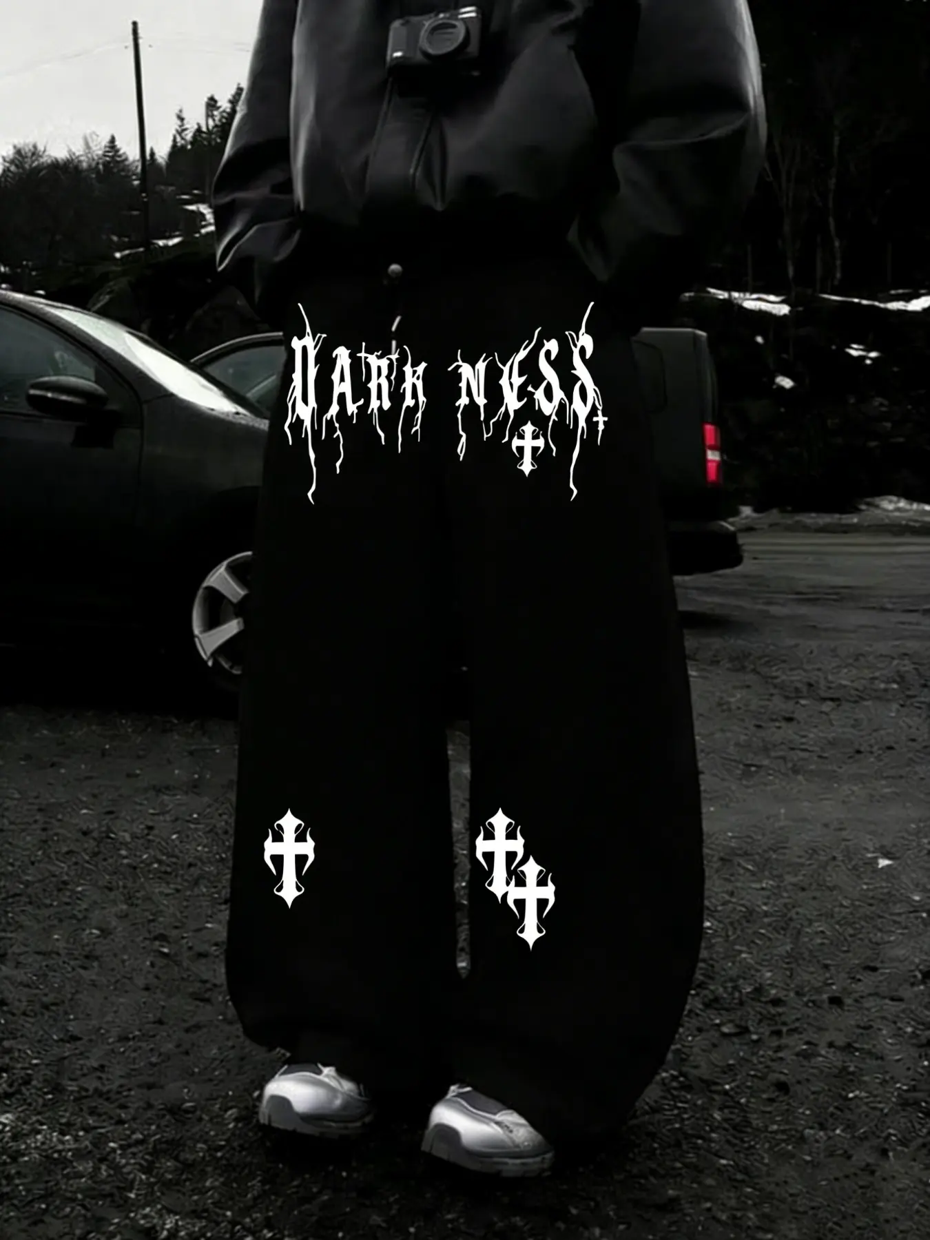 Men's Y2K Emo Dark Academia Loose Pants, Wide Leg with Darkness Print & Cross, Breathable Fitted Bottoms for Streetwear & Festivals