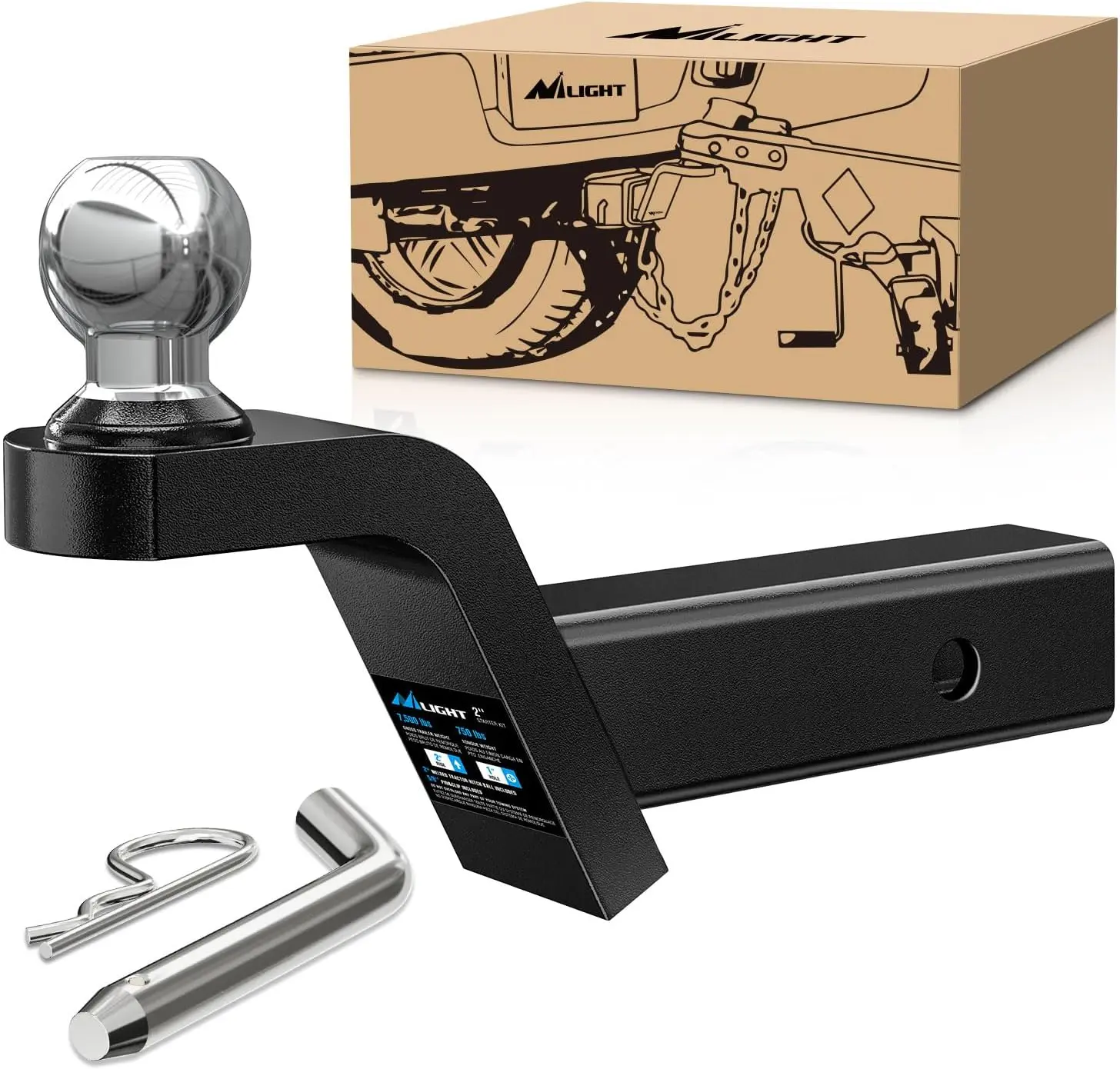 Nilight Fusion Trailer Hitch Mount with 2 Inch Trailer Ball & 5/8" Hitch Pin Clip Fits 2-Inch Receiver 7500 lbs 2" Rise