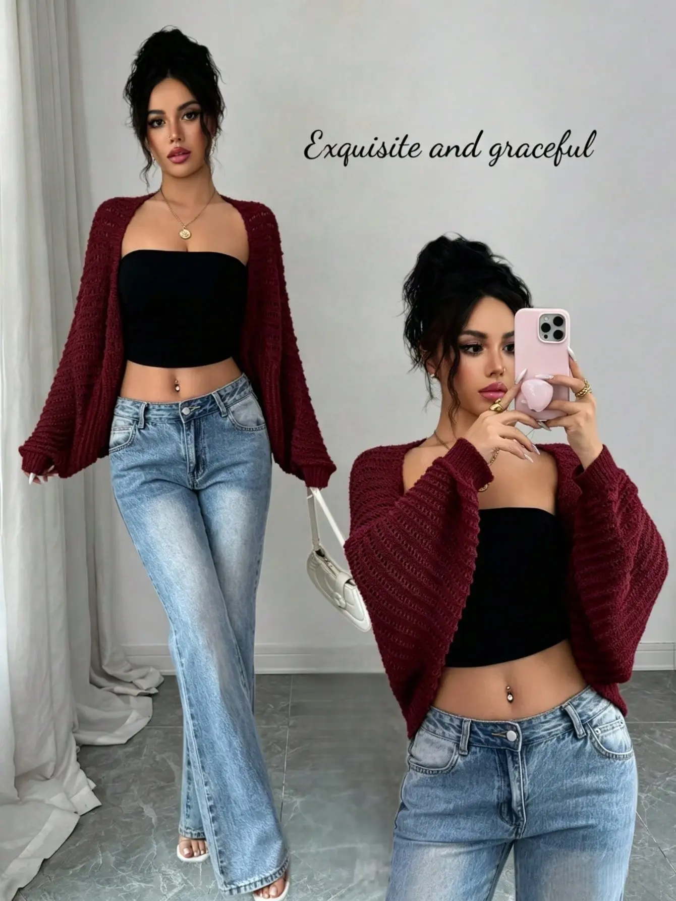 VYNCE Elegant Hollow Knit Cardigan Top Women's Batwing Sleeve Soft Skin-Friendly Spring Summer Beach Coverup
