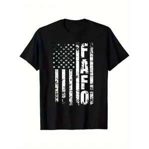 Menswear Short Sleeve T-Shirt, FAFO American Flag Graphic Top, Unisex Streetwear Casual Tee with Distressed Vintage Print, Slightly Stretchy Round Neck, 100% Fabric, Plus Size