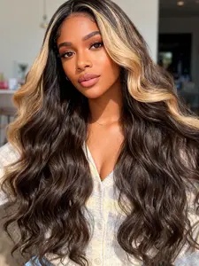 13x5x1 Lace Front Wig No Glue Synthetic Hair Glueless Wigs, Long Wavy Color-Highlighted Design, Perfect for Daily & Party Use, All Season Wear, Lace Closure Wig