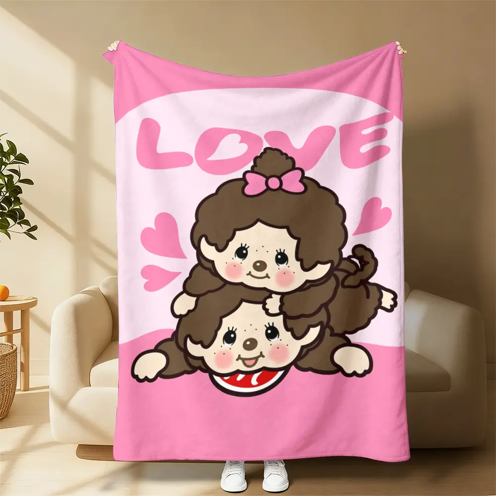 Monchhichi Twin Couple Doll Fleece Blanket Pink LOVE Heart Print, Sweet Keepsake Gift For Girls Birthday Valentine, Soft Cozy Travel Throw Present For Niece Daughter Family Gifting