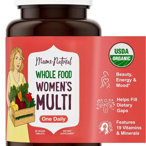 Mama Natural Women's Whole Food Based Multivitamin Supplement - 1-A-Day Vegan Tablet, USDA Organic, Non-GMO, Clean Label with Iron + Biotin, Methylated B12, Organic Fruits, 1 Tablet Fits Busy Days, Supports Energy Immunity Hair Skin, 30-Count Supply