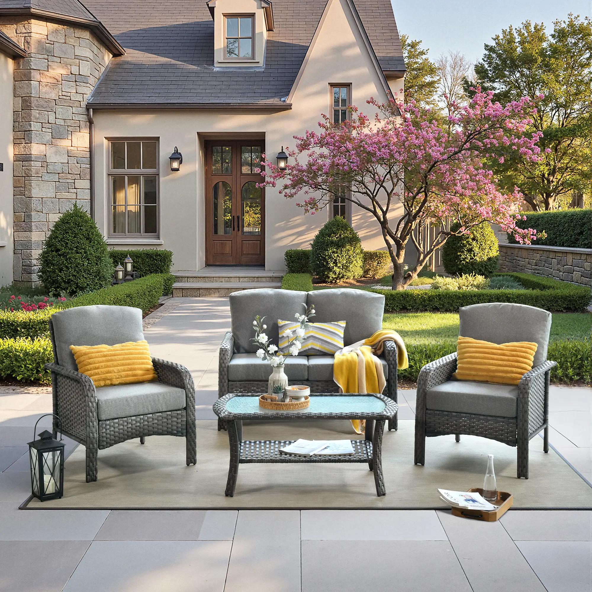 4-Piece Outdoor Patio Furniture Set Rattan chair Sectional Sofa with Cushions&Tempered Glass Table for Garden Luxury Lounge Home para exterior shatt wrproof