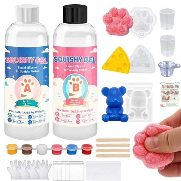 Squishy Kit, 18oz Squishy Making Kit with Gel, Molds & Flocking Powder - Super Soft Bubble Free Fast Cure Liquid Silicone, Ideal for Beginners, Squishy Paw, Gifts & Stress Relief