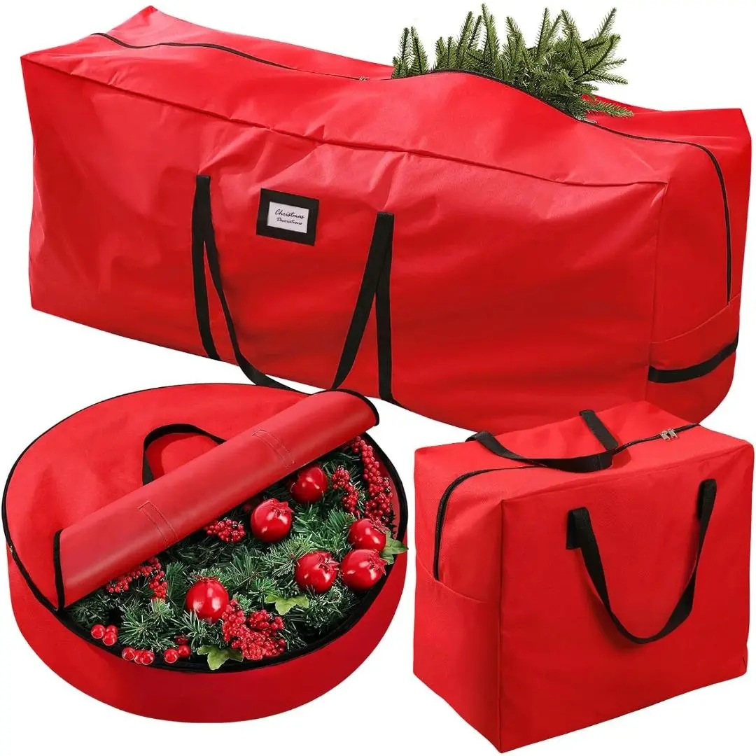 3-Pack Oxford 600D Christmas Tree & Garland Storage Set, Smooth Foldable Sturdy Waterproof Organizer with Reinforced Carrying Handles, All-Weather Protection for 7.5 Ft Artificial Trees, Dual-Design Red Xmas Holiday Case, Three Packs