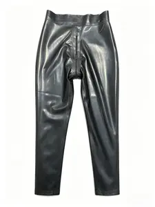 GREEFEI Latex Women's Long Pants Shiny Black High Waist Front Zipper Tight Bodycon Goth Alt Clubwear Rave Party Streetwear