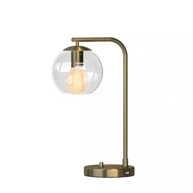 Hampton Bay Frazier 21.5 in Antique Brass Table Lamp with USB Port for Modern Home Decor Mid-Century Modern Design Clear Glass Shade