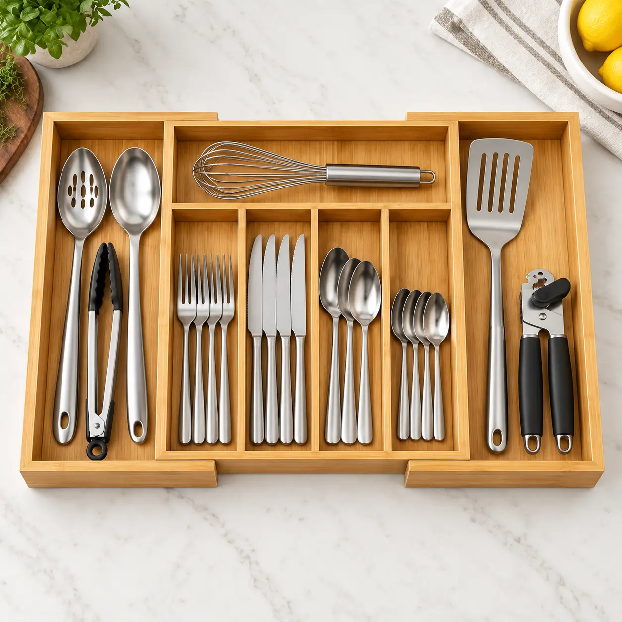 Natural Bamboo Expandable Drawer Organiser - Adjustable Cutlery Storage Rack for Kitchen, Adjustable-Fit Tray for Forks, Spoons & Everyday Use Utensils