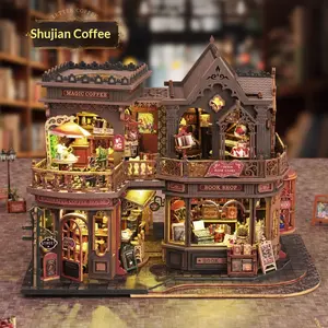 Hand-Assembled DIY Miniature Coffee Shop Book Nook with Bookends Cute Toy Model Home Decoration and Collectible Holiday Gift Birthday Gift Miniature House