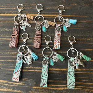 Western cowboy retro leather keychain turquoise cowhide pendant Scrunchie Lanyard with Retractable