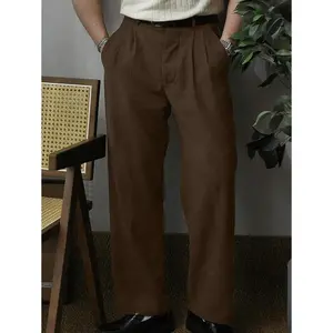 Men's Solid Color Micro-Pleat Straight-Leg Suit Pants Fabric Menswear Clothes Trouser Casual Loose Pocket Plain Natural Brown