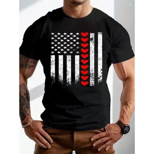 Muscular for Man Wearing Black T - Shirt with American Flag Elements & Red Hearts Vertical Design Distressed Vintage Style T - Shirt for Men
