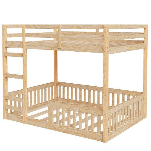 【Bellemave】Full over Full Wood Bunk Bed with Ladder and Guardrails, Natural(Expected Arrival Time: 7.3)