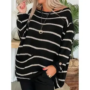 Oversized striped boat-neck sweater, retro long-sleeve loose knit with pockets, casual and fashionable for autumn and winter