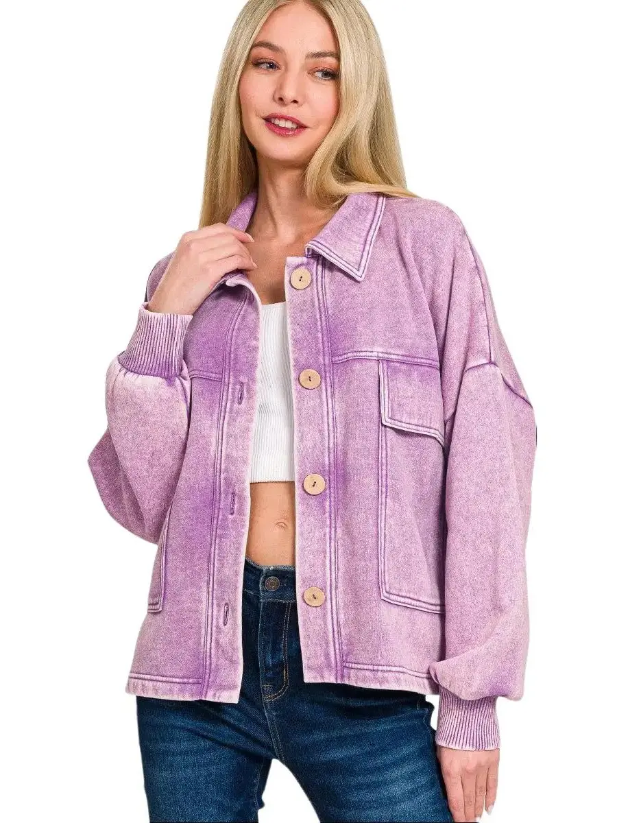 Zenana Acid Wash Fleece Jacket with Front Pockets 4311, Women's Oversized Fit, Casual Coat with Buttons