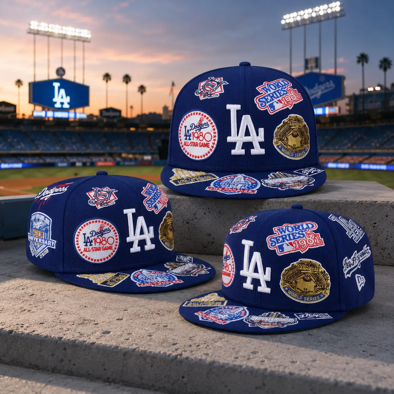 Los Angeles Dodgers Blue All Over Patch 59FIFTY Fitted Hat – New Era Flat Brim Baseball Cap, World Series Collectors Edition