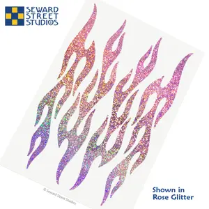 Set of 4 Rose Pink Flames Glitter Decals, Flame Bike Helmet Stickers Sheet, Hotrod Fire Motorcycle Transfers / #876G-Rose
