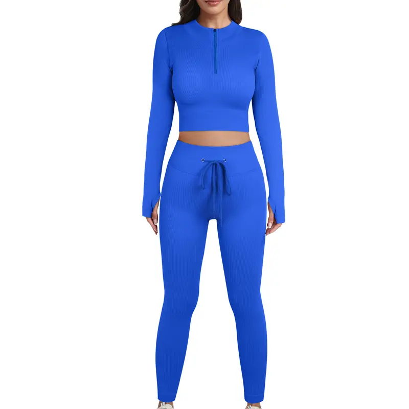 Zipper Workout Sets for Women 2 Piece Seamless Long Sleeve Crop Tops Seamless Ribbed High Waist Leggings
