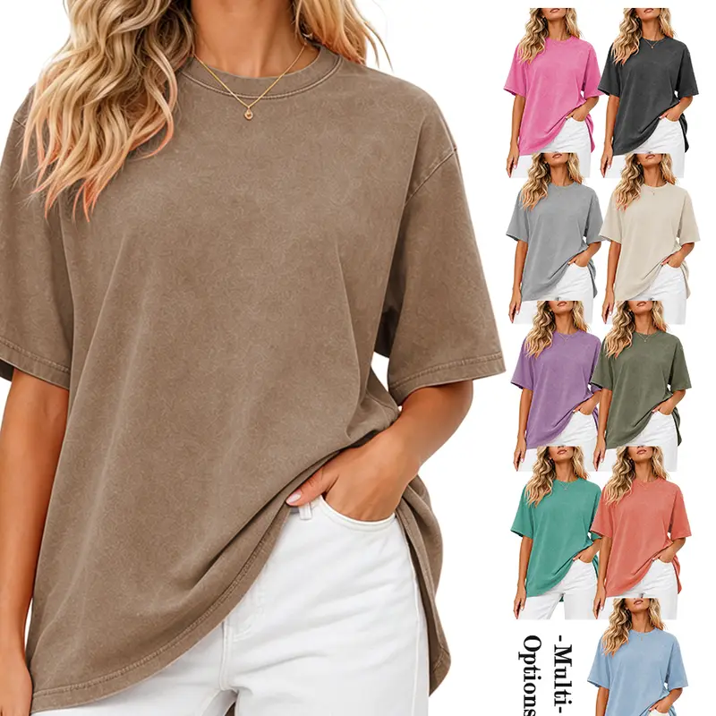 Holafish Oversized Vintage Acid Wash Women's T-Shirts - 1/2-Pack Solid Stretchy Cotton Fabric Tops, Round Neck Short Sleeve Pullovers, Casual Comfy Loose Fit New Year Streetwear Shirts for Women