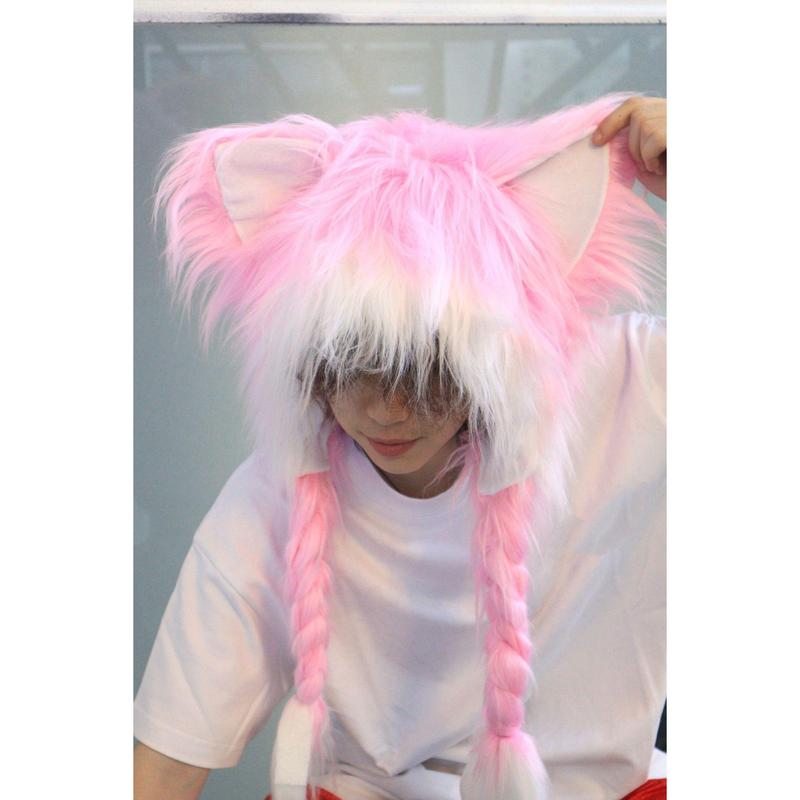 Cute Animal Ear Braided Plush Hat – Valentine’s Day Gift with White & Pink Colors, Essential for Cosplay Events & Winter Parties