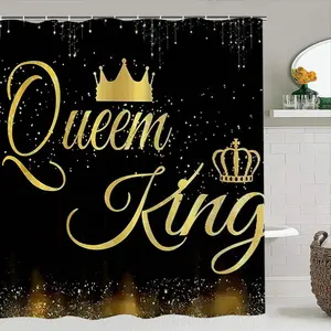 Creative Queen & King Gold Print Decorative Shower Curtain Set, Includes 12 Plastic Hooks, Non-Slip Mat, Toilet Lid Pad, Home Bathroom Decor