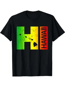 Men'S & Women'S Hawaiian T-Shirt| HI Graphic Tee with Hawaii Islands Design, Soft Breathable, Lightweight Crew Neck in Black, Sizes S-XXXL| Ideal for Vacation, Beach, Casual Wear, Retro Style, Durable Construction, Short Sleeve Top, Plus Size