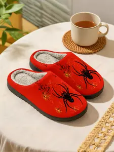 Dark Spider Plush Slippers, Unique Personality Style, Warm Fleece Lining, Soft Elastic Feel, Winter Home Wear, Casual Geometric Print