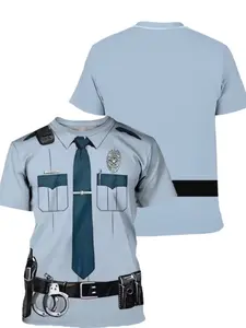 Police Costume Fashion Printed New Kids Cartoon Cool Print Trendy American Sport Round Neck Short Sleeve T-Shirt, Casual Fitted Long Top