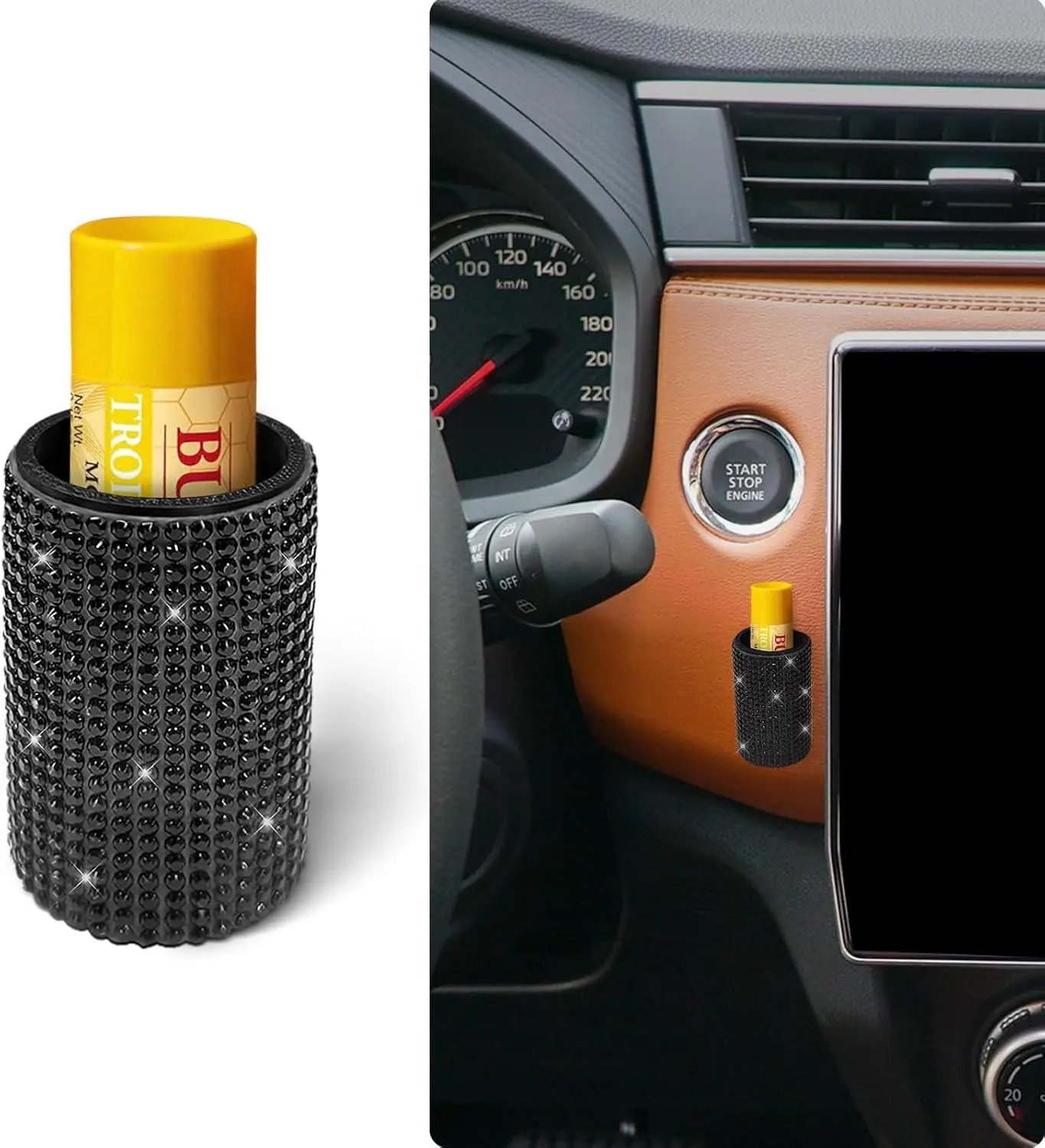 1 Pack Black Upright Car Chapstick Holder - Bling Insulating Lip Balm Holder, Rhinestone Car Accessories for Women, Universal Fit for Most Vehicle Interior Stowing & Tidying, Car Accessories Women