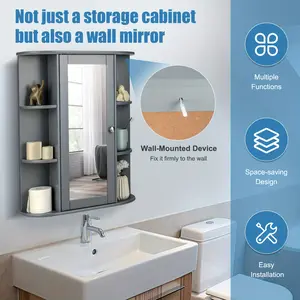 New Single Door Wooden Bathroom Cabinet with Wall Mount and Mirror - Grey Finish - Spacious Storage Shelves - LIFEZEAL Brand