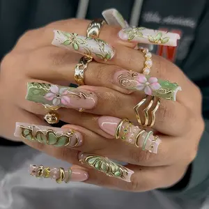 Emily Nails | Luxury Jade Blossom Press On Nails  Green Gold 3D Flower Long Coffin Fake Nails Reusable
