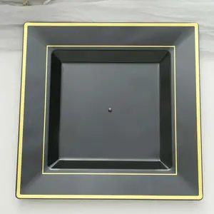 10-Pack Plastic Dinner Plates 10" Black Square with Gold Trim - Stylish Disposable Party Plates