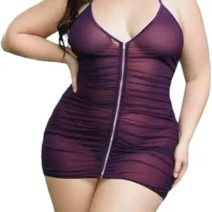 Stretch Mesh Chemise Plus Purple - Sexy Bodycon Dress with Zipper Detail and Ruched Design