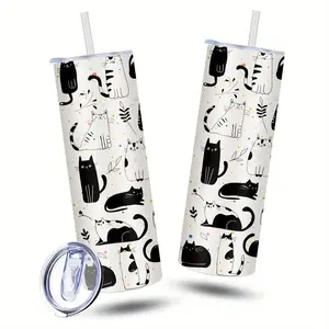 20oz Stainless Steel Insulated Tumbler with Transparent Sliding Lid - Cartoon Abstract Cat Design, Double-Walled for Hot & Cold Drinks, Perfect Gift for Halloween, Christmas, Valentine'S Day, or Family & Friends