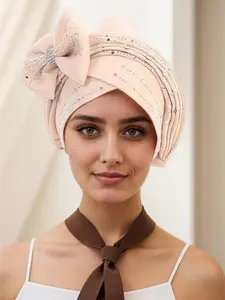 Elegant Women's Headscarf Cap with Rhinestone Layered Design and Bow Accent, Stylish Hair Wrap for Daily Use, Fashion Accessory, Turban Hijab