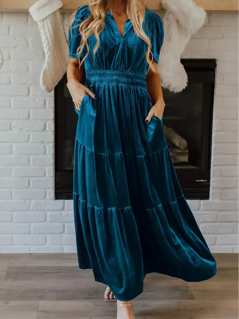 Prussian Blue Velvet Short Sleeve Shirred Waist Tiered Maxi Dress with V-Neck Cut and Elastane for Elegance and Comfort