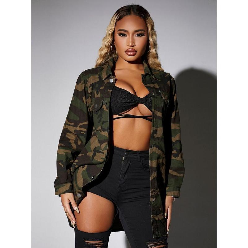 Women's Spring/Autumn Camouflage Printed Cargo Pocket Long Sleeve Casual Denim Jacket Cotton Fabric