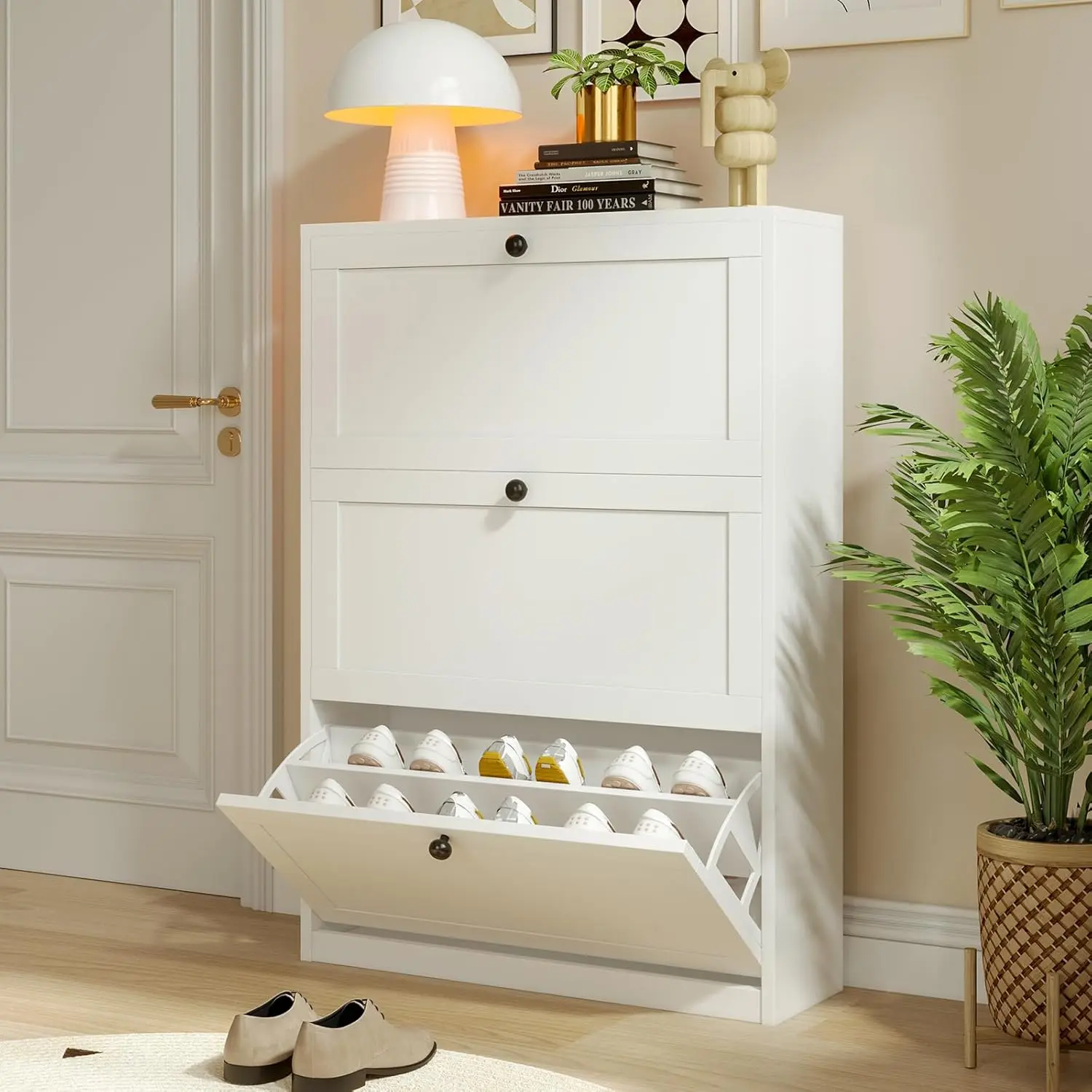 VOWNER Minimalist Wooden MDF Shoe Rack Organizer - Freestanding Room Storage Cabinet with 3 Flip Drawers, Adjustable Shelves, Anti-Tipping Device, Slim Design, Assembly Required, 31.5"w x 9.4"d x 45.9"h for Entryway, Hallway