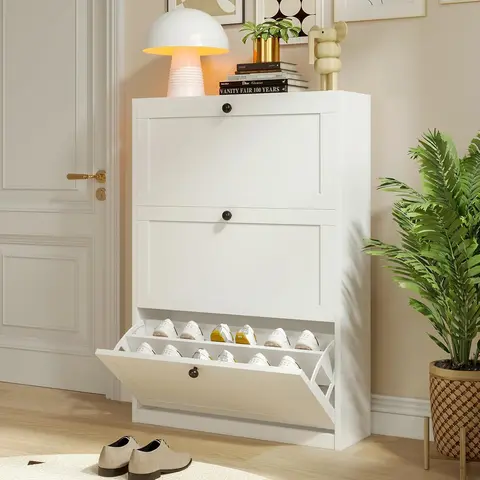 VOWNER Durable Slim Vertical 3+1 Shoe Rack Organizer - MDF Wood Rectangle Home Decor Storage, Freestanding Single Unit, 3 Flip-Top Drawers, Adjustable Shelf, Anti-Tipping Device, Easy Assembly, Child-Safe Indoor Furniture (31.5"w x 9.4"d x 45.9"h)