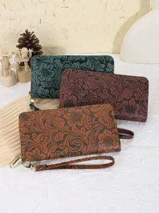 Vintage Embossed Women's Long Zipper Wallet, PU Leather Material, Large Capacity Handbag, Multi-Card Slot Wristlet Bag with Wrist Strap, Stylish and Practical Accessories