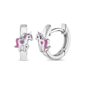 Magical Unicorn 9mm Baby / Toddler / Kids Earrings Hoop/Huggie Enamel Safety Latch - Sterling Silver