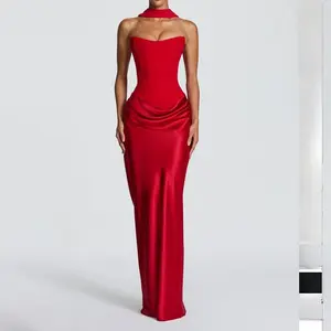 2026 European and American new style solid color waist-cinching sexy strapless bodycon long dress satin tie-back dress with ribbons