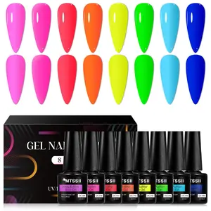 MTSSII Neon Rubber Base Gel Nail Polish Set, 8pcs Colorful Super Bright Fluorescent Color Gel Polish Manicure Set, Long-Lasting Salon Quality, Glossy Finish, Alcohol-Free, Nail Art & Nail Polish for Women & Girls, Cosmetic, UV Gel Manicure, Soak Off Gel
