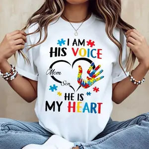 Autism Puzzle Handprint I Am His Voice He Is My Heart Mom Son T-Shirt White Crewneck Casual Tee For Autism Awareness And Motherhood
