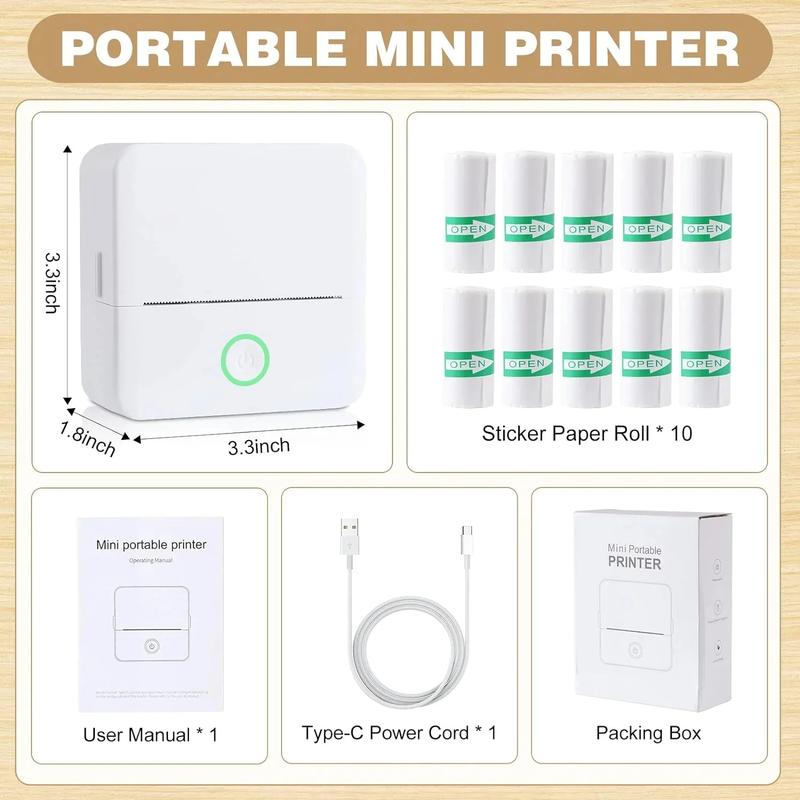 Mini Printer Portable Perfect Gift Wireless Sticker Printer for iPhone  1 Count USB Rechargeable Bluetooth-compatible Thermal Printer with 5 Rolls Paper, Compatible with iOS & Android, Office Supplies