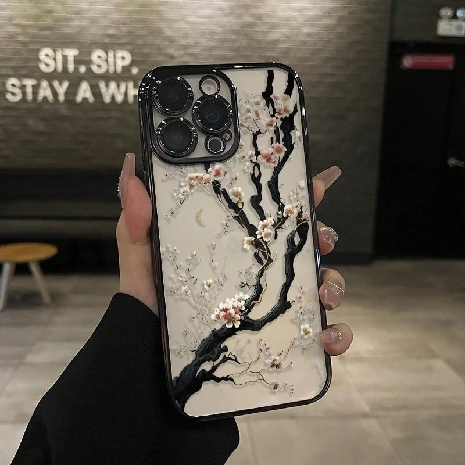 White cherry blossom tree bloom patterned electroplated phone case, with camera lens protection, wildflower style, shockproof and non-slip, compatible with iPhone 17/16/15/14/13/12/11/X/XS/XSMAX, is a perfect holiday gift., Cover, Accessories, Smartphone,
