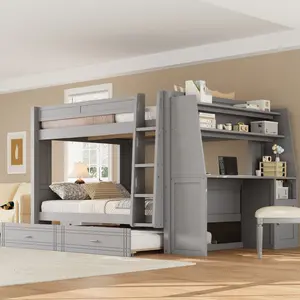 Full over Full Bunk Bed with Desk and Bookshelves, Trundle, Solid Wood Multifunctional Bunk Bed Frame, for Teens Adults