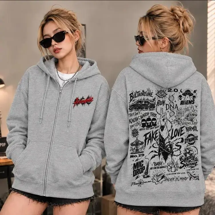 Retro ARIRANG Kpop Hooded Zip Sweatshirt | Kpop Merch, 2026 Kpop Tour Merch, Hoodie Zip Concert Outfit | Hooded Sweatshirt With Front Pocket, Casual Daily Streetwear, Zip Hoodie, Trendy Graphic Hoodies, Hooded Top, Music Fan Gift